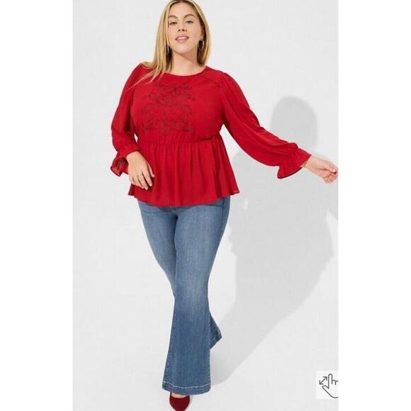 Torrid Peplum Georgette Embroidered Long Sleeve Blouse Plus Size 2X Red - Picture 5 of 10